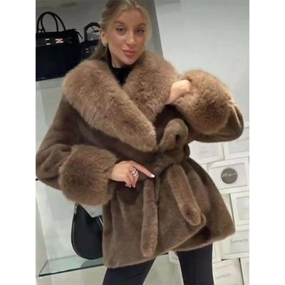 Vintage  Faux  Coat Women Luxury Fur Collar  Long Sleeve Oversize with Belt Female Warm Jacket Winter  Lady Plush Top