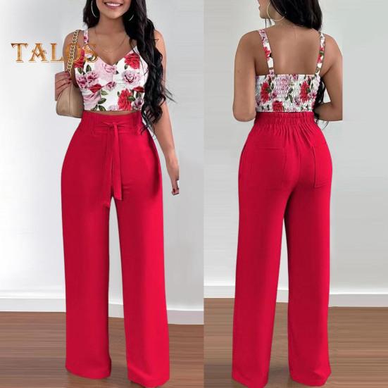 Καλοκαιρινά ρούχα δύο τεμαχίων για γυναίκες, αμάνικο παντελόνι με φαρδιά μπατζάκια και V λαιμόκοψη, καλοκαιρινό, casual, ασορτί κοστούμι με φλοράλ print