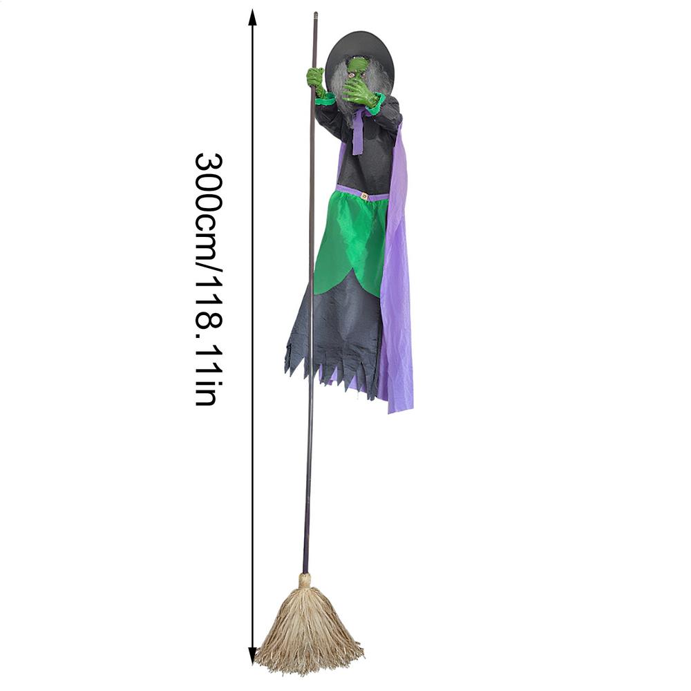 Witch On Broom Decoration 9.84Ft Sound Activation Broom Halloween Animatronic Witch Spooky Home Decor For Holiday Walkway