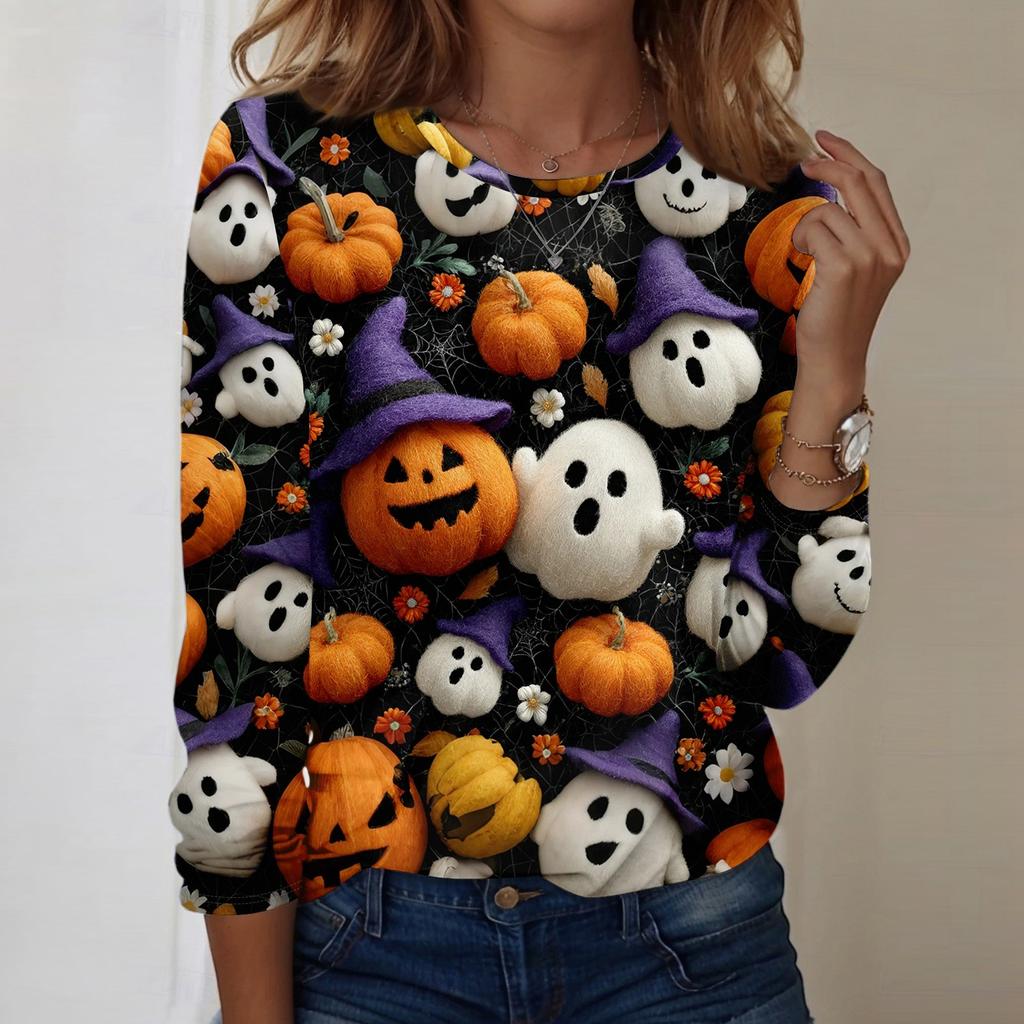 Damen Halloween bedrucktes rundhalsiges lockeres langärmeliges Oberteil