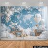 2D World Map & Airplane Backdrop with Bear & Suitcases Kids Birthday Party Photo Booth Background