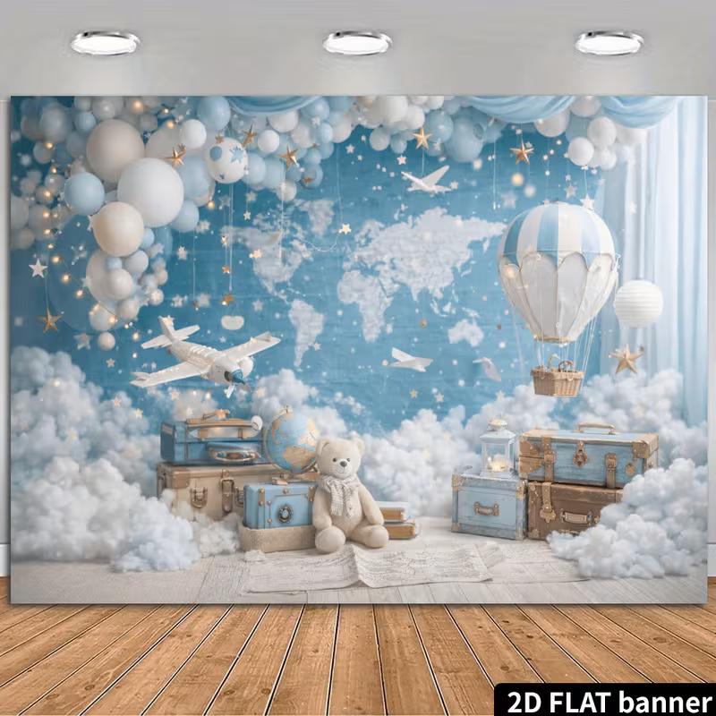 2D World Map & Airplane Backdrop with Bear & Suitcases Kids Birthday Party Photo Booth Background