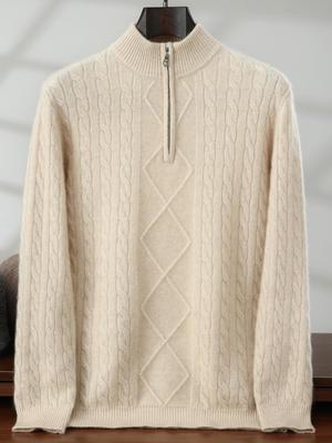 Pull en cachemire pour homme à demi-fermeture éclair et col montant: Couche de base à col haut, torsadée ample pour l'automne/l'hiver.