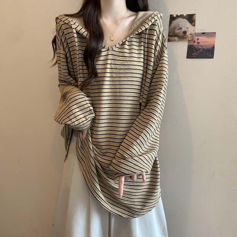 Plus Size Korean Striped Hooded Long Sleeve Slimming T-shirt: Women's 2025 Autumn Mid-length Top