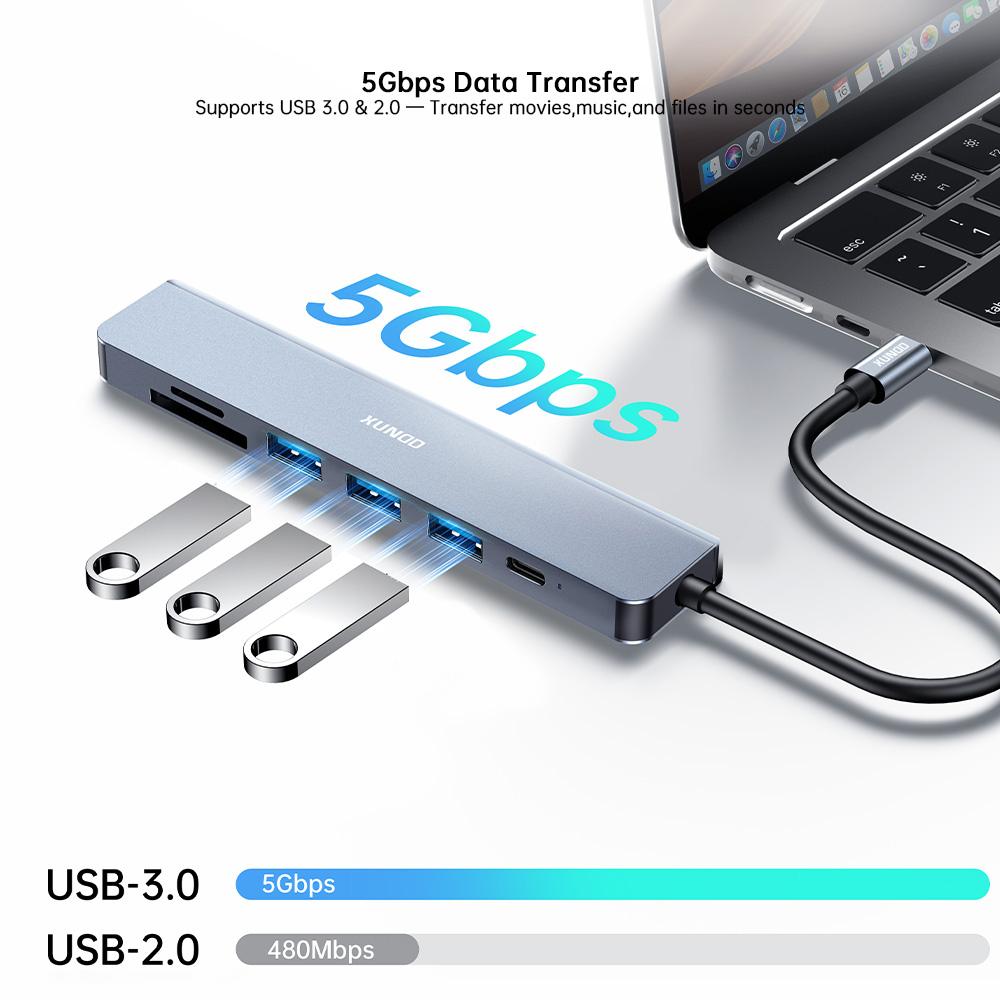 XUNDD XDDC-072 Expansion Dock 7 in 1 Type-C Hub USB-C to PD / USB 3.0 / USB 2.0 / HD / SD / TF Card Reader