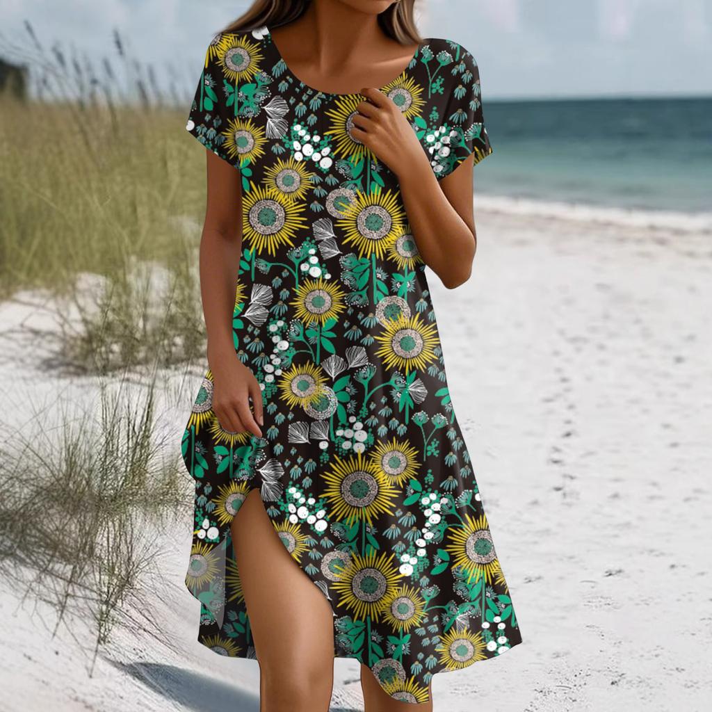 Short Sleeve Boho Dress For Women Casual Loose Fit Summer Sundress Floral Print Dress With Pockets