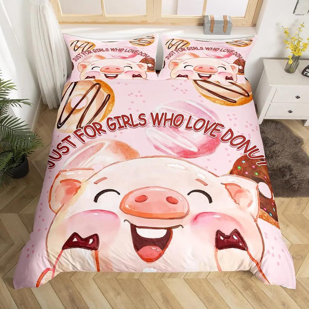 Cute Pig Duvet Cover Set For GirlsSunflowers Florals Comforter Cover Pink Grid Lattice Plaid Bedding Sets Quilt Cover Full Size
