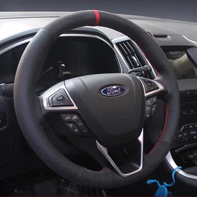 Do Ford Mondeo Fusion 2013- EDGE 2015- Ręcznie szyta antypoślizgowa Czarna Skóra zamszowa Pokrowiec na kierownicę samochodu