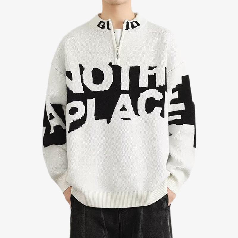 

Men s Oversized Color Block Half-Zip Wool Sweater with 3D Lettering XL білий