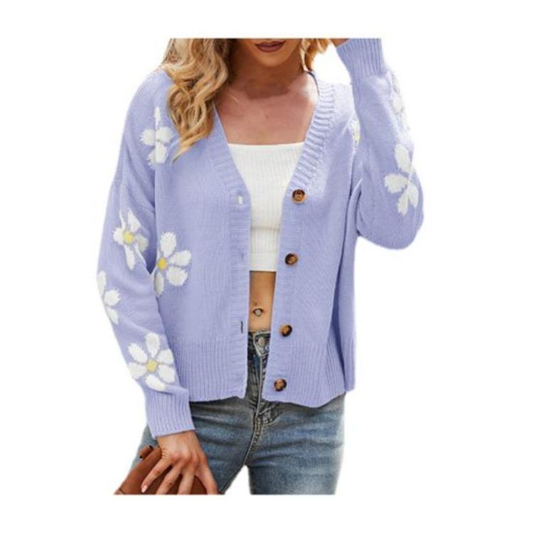 V Neck Floral Pattern Knitwear Cardigan Women Long Sleeve Button Placket Knitting Coat Sweater Jacket