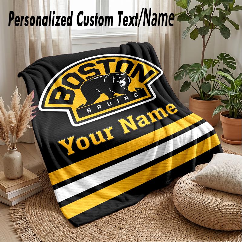Boston Bruins Custom Flannel Throw Blanket Print Your Name Text Soft Warm Blanket Holiday Present