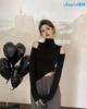 High,neck, Off,shoulder, Hollowed,out Long,sleeved Fitted T,shirt For Women, Stylish Short Top