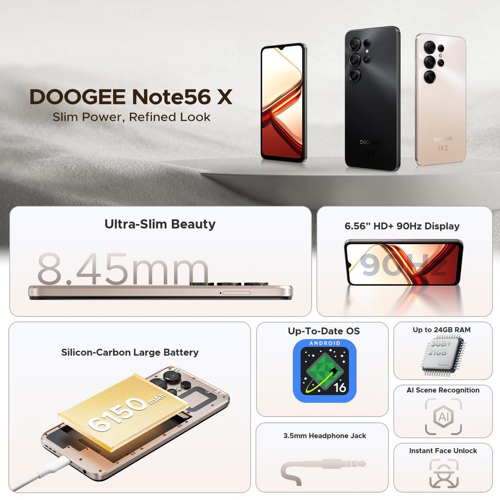 Doogee NOTE 56 X Mobile Phones, Android 16 Phone, 6150mAh, 6.56 Inch, 24GB + 64GB/2TB, Octa Core