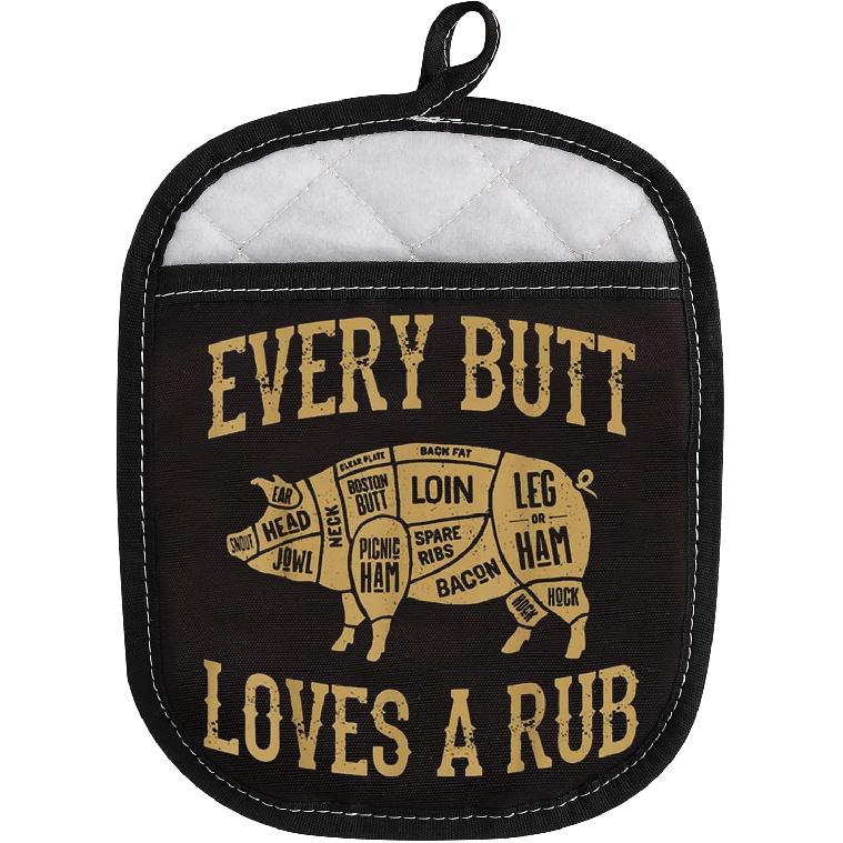 LEVLO Funny Pig Pork BBQ Grill Oven Mitt with Hot Pads Pig BBQ Lover Gifts Every Butt Loves A Good Rub Pot Holder for Friend Family Pork Rub (Every Every Butt Loves