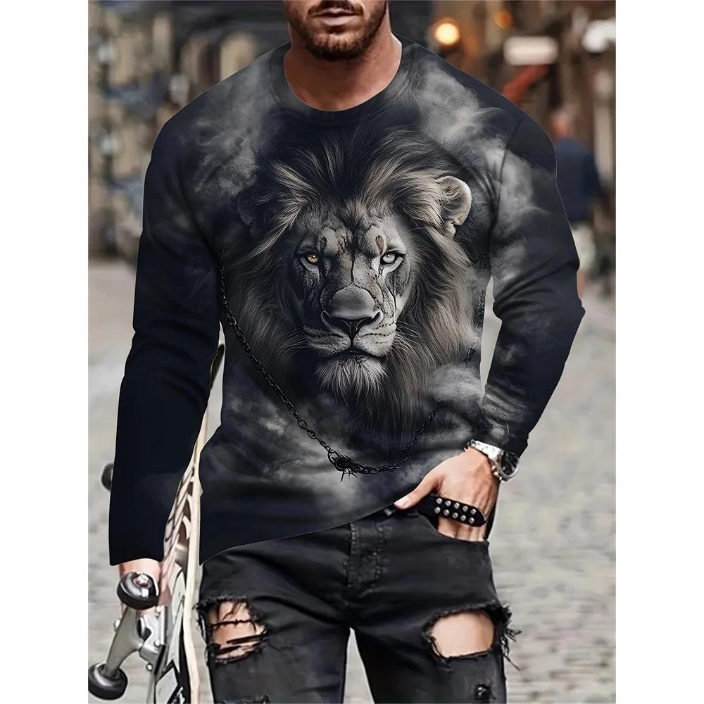 Spring and Autumn Round Neck Animal Pattern 3D Printed Top Fashionable Casual Long Sleeved Men's T-shirts