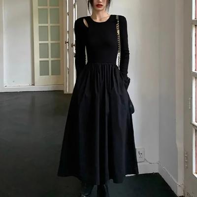 Vintage Black Dress Women Autumn Winter Elegant Slim Hollow Out Knitted Long Sleeve O-Neck Long Dresses Office Lady