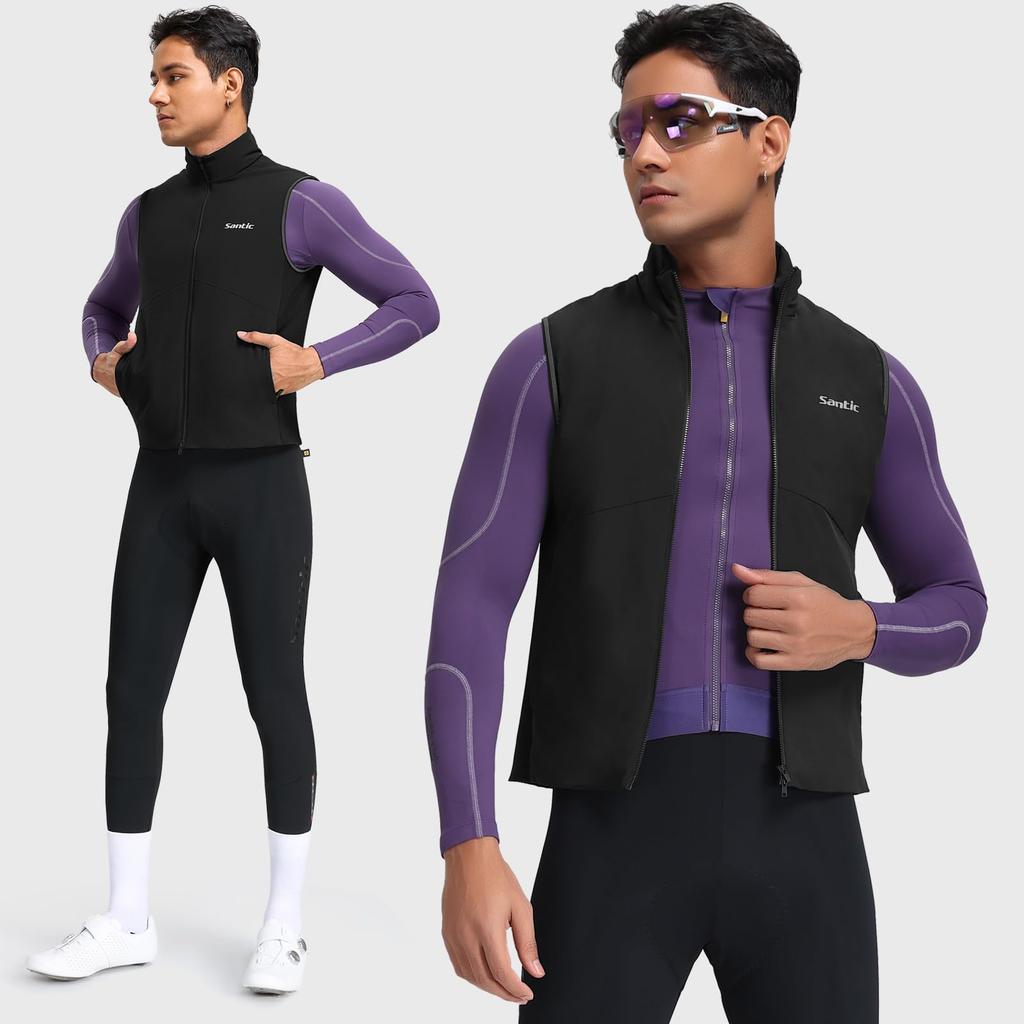 Santic Men's Reflective Fleece Cycling Jersey, Sleeveless, Windproof and Warm, Perfect for Fall and Winter, Size L