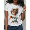 European Sizes Women's Vintage Bookworm & Coffee Lover T-Shirt - Soft Casual Tee with Glasses & Mug Graphic, Messy Hair Design