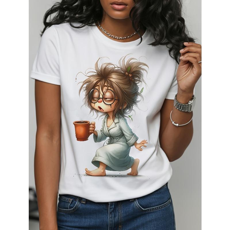 

European sizes Women s Vintage Bookworm & Coffee Lover T-Shirt - Soft Casual Tee with Glasses & Mug Graphic, Messy Hair Design 4XL