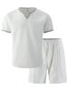 Men's V-Neck Solid Color Waffle Short Sleeve T-shirt & Shorts Set – Breathable, Loose Fit.