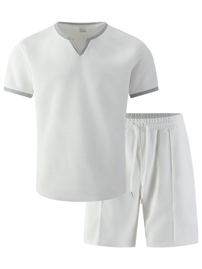 Men's V-Neck Solid Color Waffle Short Sleeve T-shirt & Shorts Set – Breathable, Loose Fit.