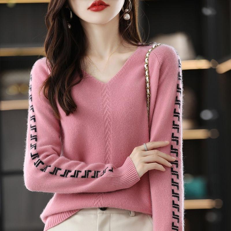 

V-neck Knitted Sweater for Women Loose Solid Color Long-sleeved Sweater Versatile Long-sleeved Pullover Casual Top for Autumn and Winter S розовый