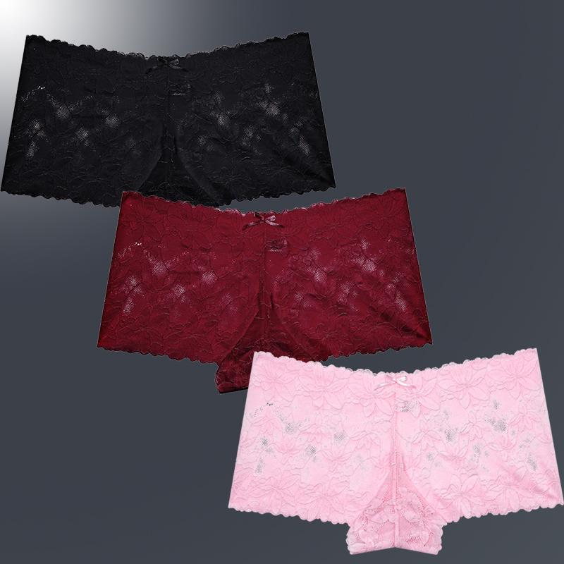 3ks/Sada Dámské Sexy Krajkové Kalhotky Průhledné Spodní Prádlo s Květinovými Listy V-Pas Boyshort pro Ženy Měkké Intimní Prádlo
