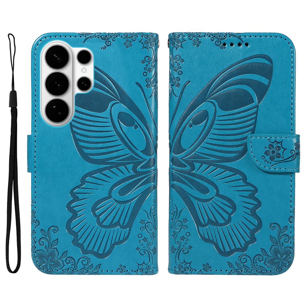 

For Samsung Galaxy S26 Ultra Case Butterfly Pattern PU Leather Folio Flip Phone Cover - Blue