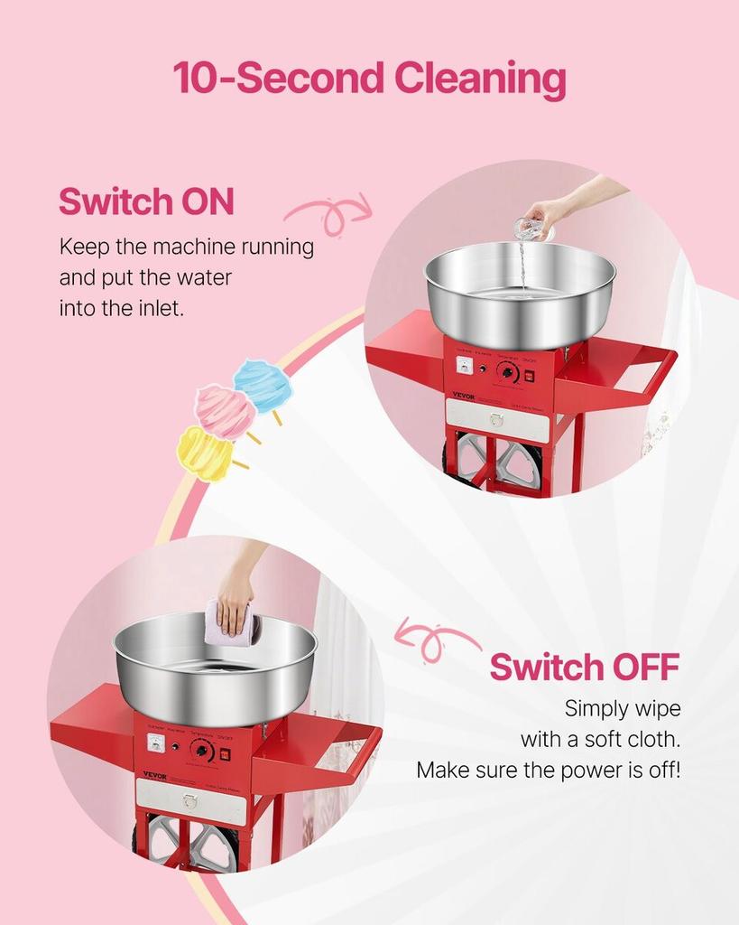Commercial Cotton Candy Machine with Cart Sugar Floss Maker 1000W Red