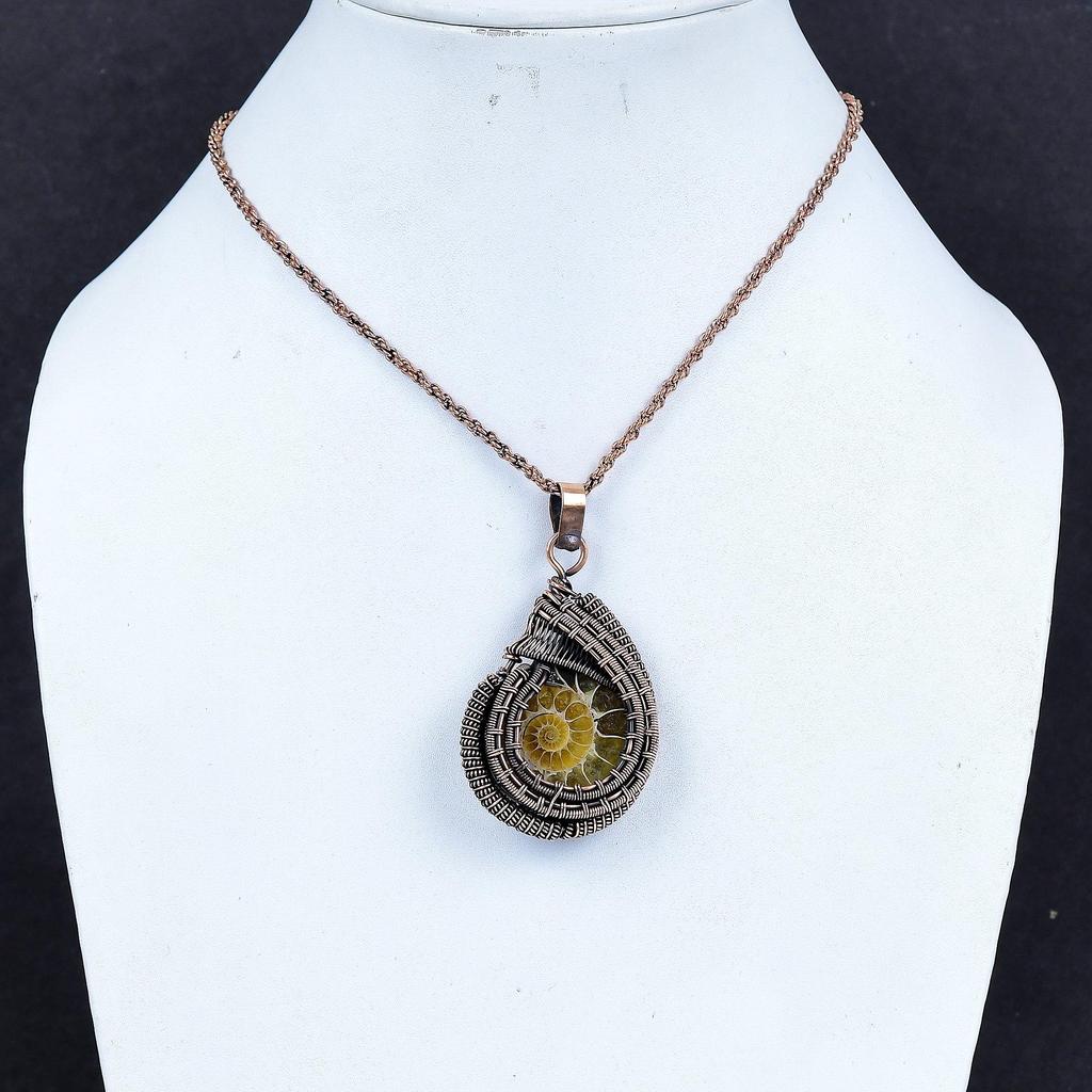 Ammonite 999 Copper Wire Wrapped Pendant, Handmade Gemstone Jewelry Pendant For Memorial Day