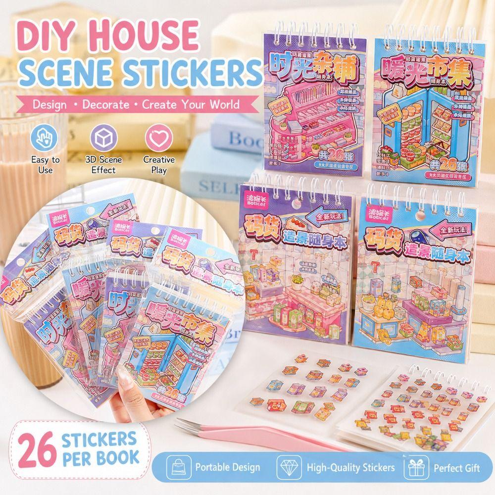 Cartoon 3D Landscape Sticker Book Decorative Miniature Scene Collage DIY Cabin Scene Sticker Toy