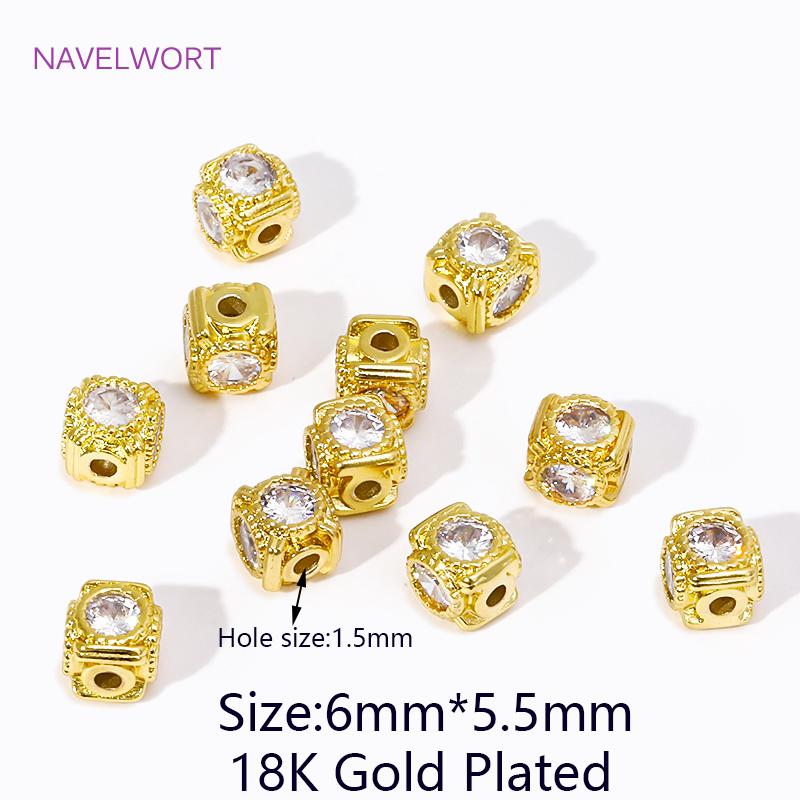 

6MM 18K Gold Plated Brass With Zircon Square Cube Beads Metal Spacer Beads For Jewelry Making DIY Bracelets Necklace Accessories 2 pieces