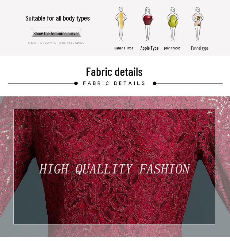 Elegant Wine Red Lace Dress with Waist-Cinching for Middle-Aged and Elderly - Autumn 2021 Collection