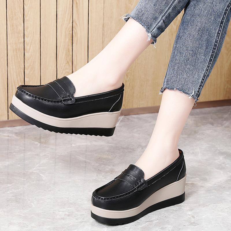 Ladies Platform Loafers Casual Elegant Black Leather Women Thick Sole Shake Shoe Plus Size