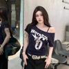 Y2k Sport Summer Off shoulder Top Women Sexy Vintage 2000s Short sleeve T shirt Lady Body Basic Crop Top Female Casual