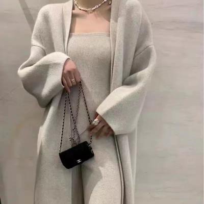 Elegant Loose Knitted Cardigan Coats And Tube Top Knit Trousers 3-Piece Set