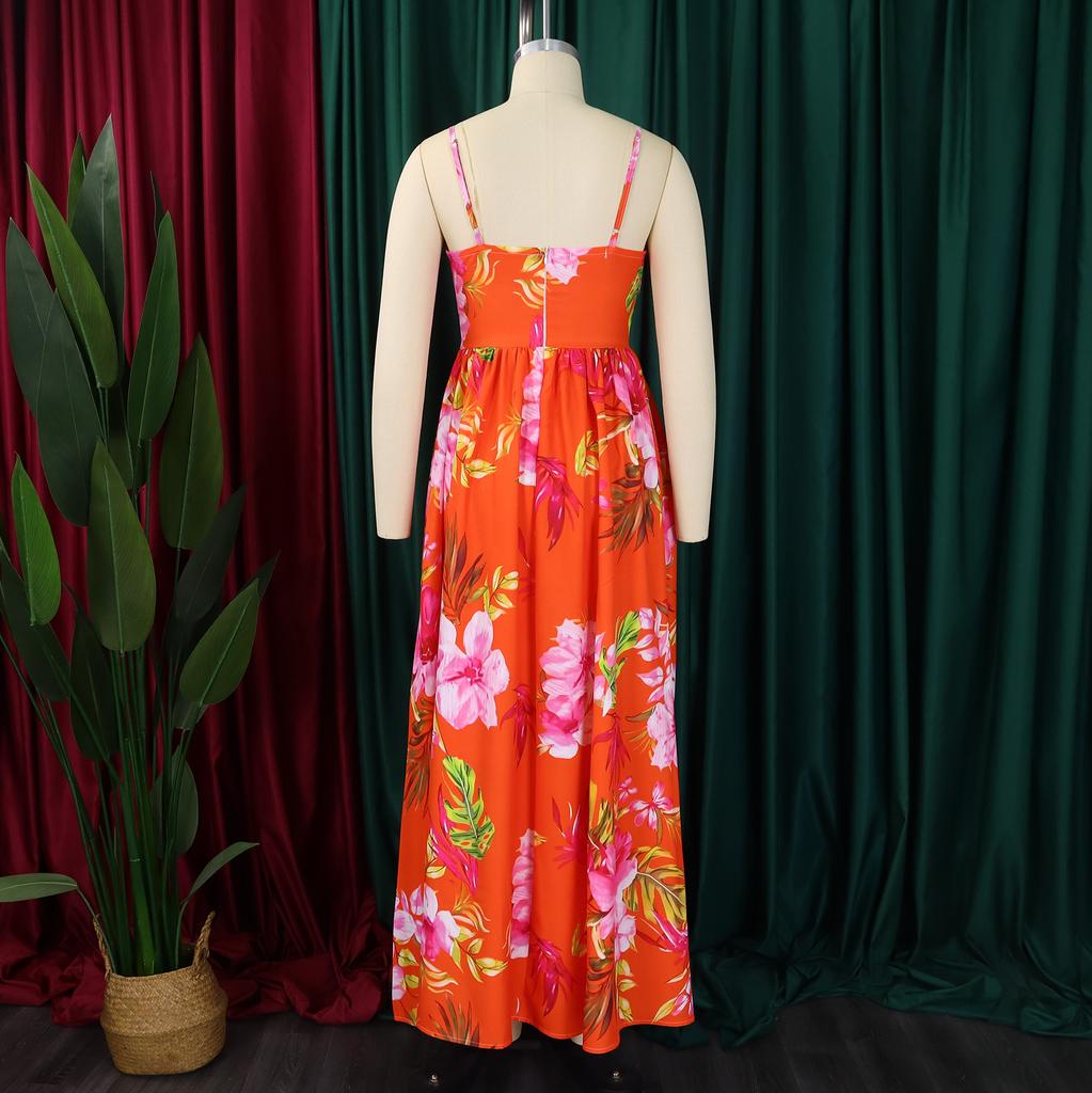 Spring and Summer Fashion Temperament V-neck Suspender Printed Beach Long Skirt Sexy Fashion Casual Women's Dress