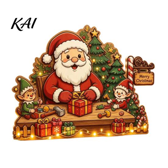 Rustic Winter Home Accents Christmas Wooden House Ornament, Santa Claus/Snowman/Elk Sleds/Winter Cabins Elk Sleigh Tabletop Decor Scene Figurines,