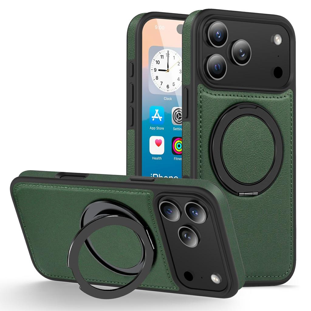 For iPhone 17 Pro Case with Ring Kickstand Compatible with MagSafe PU Leather Back Cover