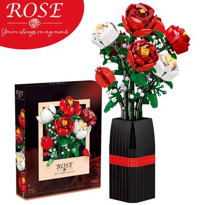 761PCS Romantic Red Rose Bouquet Vase Building Blocks Creative Simulated Flower Plant Home Decor Bricks Toy Valentine's Day Gift