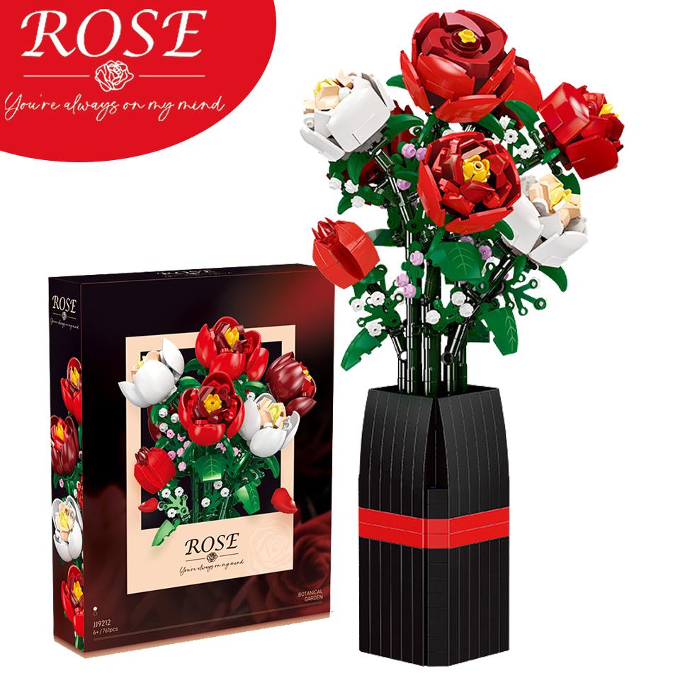 761PCS Romantic Red Rose Bouquet Vase Building Blocks Creative Simulated Flower Plant Home Decor Bricks Toy Valentine's Day Gift