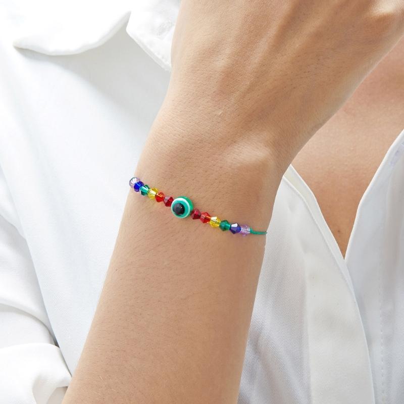 Handcrafted Rainbow Bead Bracelets Adjustable Size Knotted Rope Evil Eye Hanadchain Rainbow Bead Bracelets Women Girl