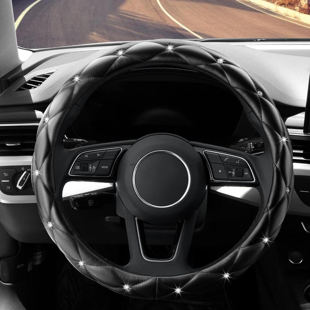 YOGURTCK Diamond Soft Leather Anti-Slip Steering Wheel Cover with Bling Bling Crystal Rhinestones, Universal 15 Inch for Women Girls, Fit Vehicles,