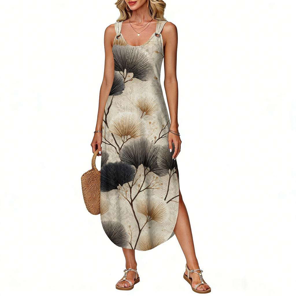 Damen Sommer Langes Kleid, Ärmellos Mit Seitenschlitzen, Langes Camisole-Kleid Mit Blumendruck