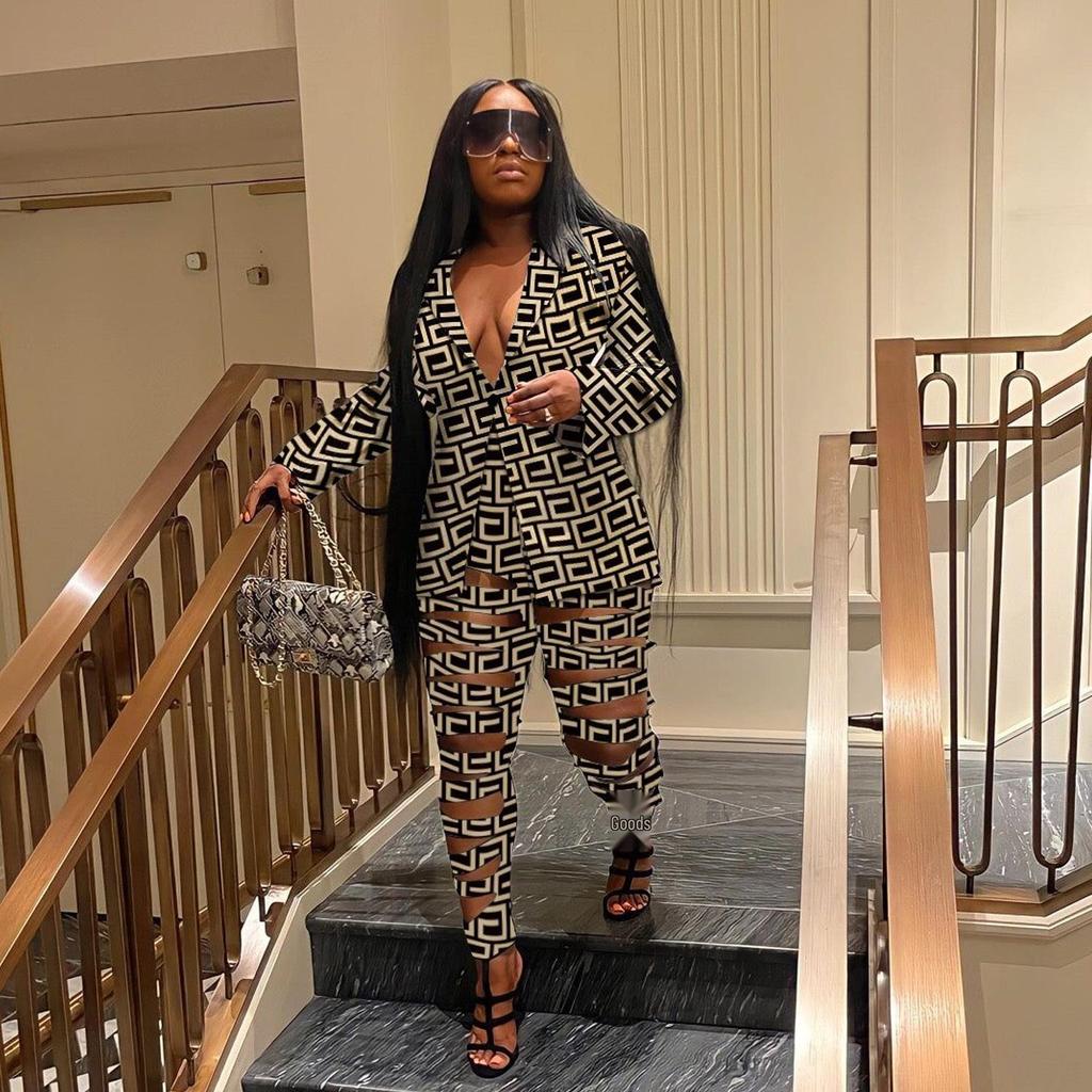 European & American Slim Fit Sexy Print Cardigan Two-Piece Nightclub Set