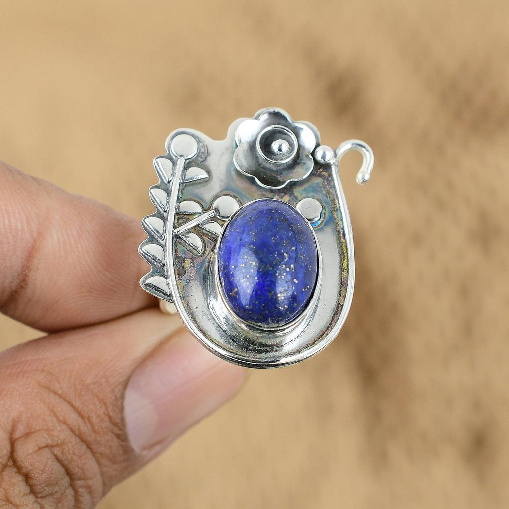 Natural Lapis Lazuli Gemstone Promise Flower Adjustable Ring 925 Sterling Silver