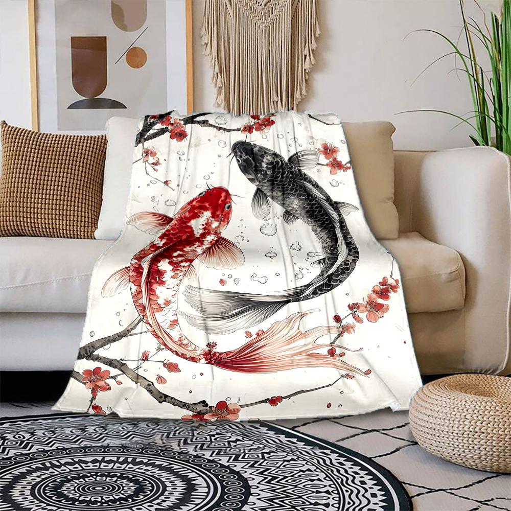 

Red and black koi among cherry blossoms Print Blanket Warm Soft Suitable for All Seasons for Home Sofa Travel Camping Picnics 75x100cm