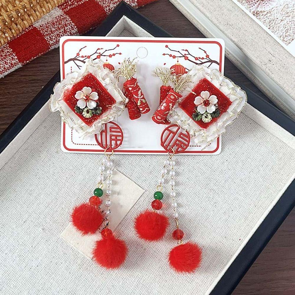 2pcs Lion New Year Tassel Barrettes Plush Ball Embroidered Bow Headwear  Festival