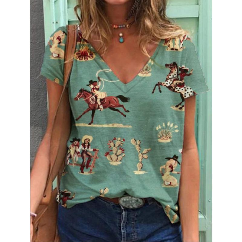 

Retro Women s V-neck New Western Denim 3D Printed Short Sleeved T-shirt 5XL