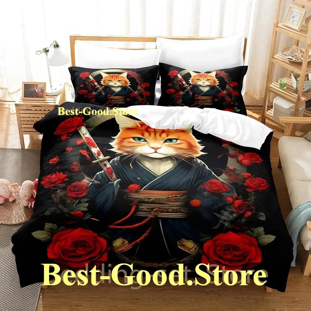 COOL Samurai Cat Bedding Set Duvet Cover Full Queen King Size Pillowcase Bed Printed Bed Set Aldult Kid Bedroom Single Twin